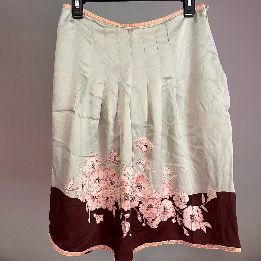 Floral A-Line Skirt in Mint and Blush with Chocolate Border